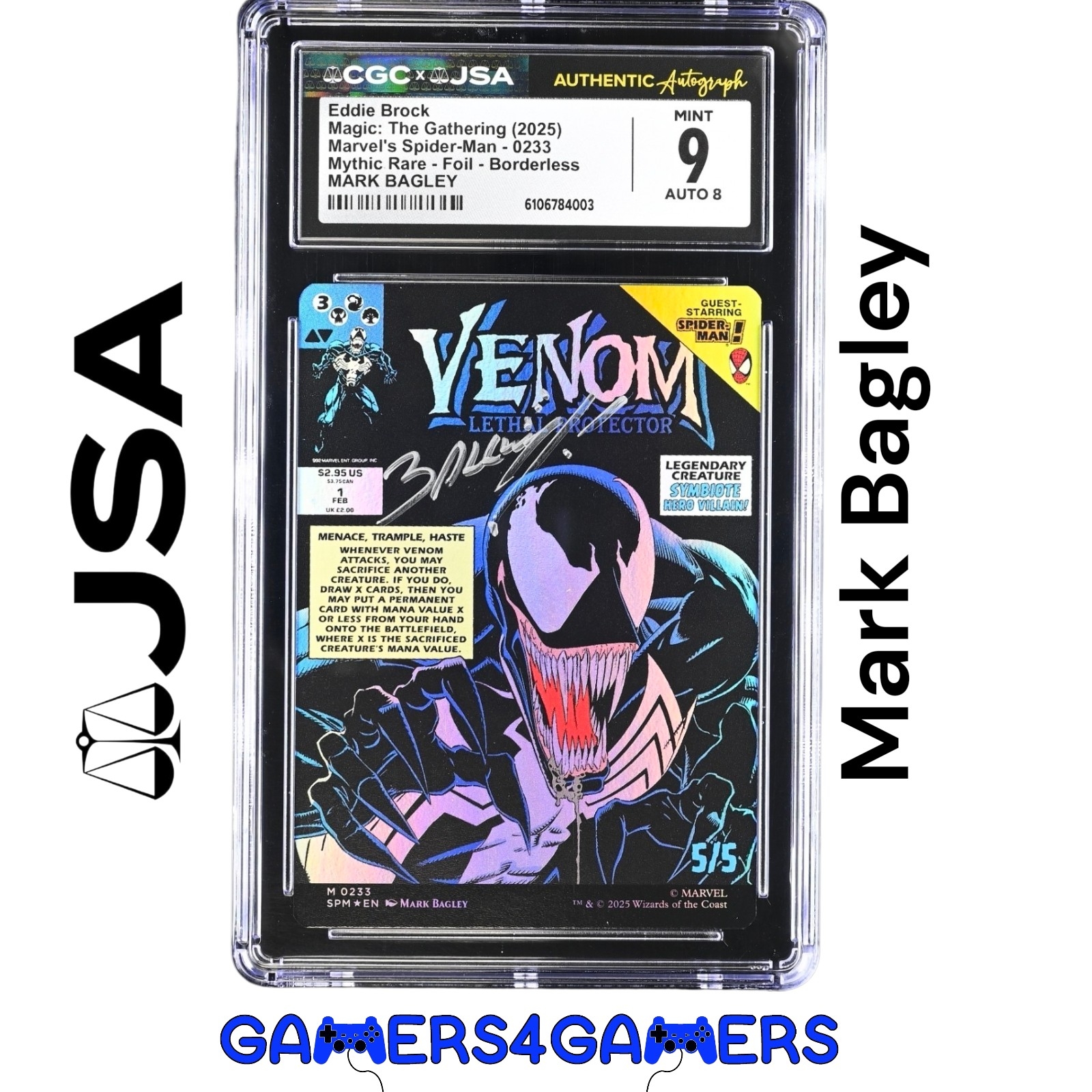 Eddie Brock 0233 Marvel Universe Borderless Mythic Foil "Mark Bagley" singed CGC Mint 9 Graded MTG Card